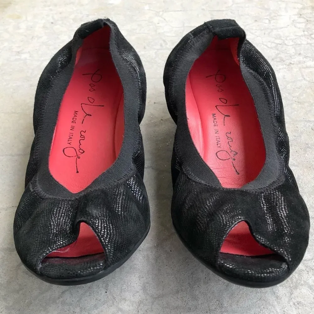 Pas de Rouge Black Nubuck Peep Toe Wedge Sandals Italian Comfort Shoes EU 39